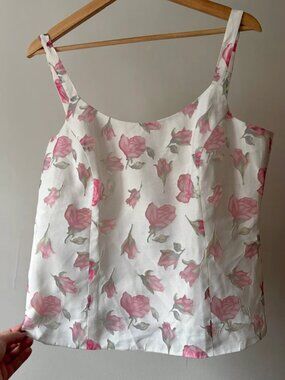 1990s Pink & White Linen Floral Camisole